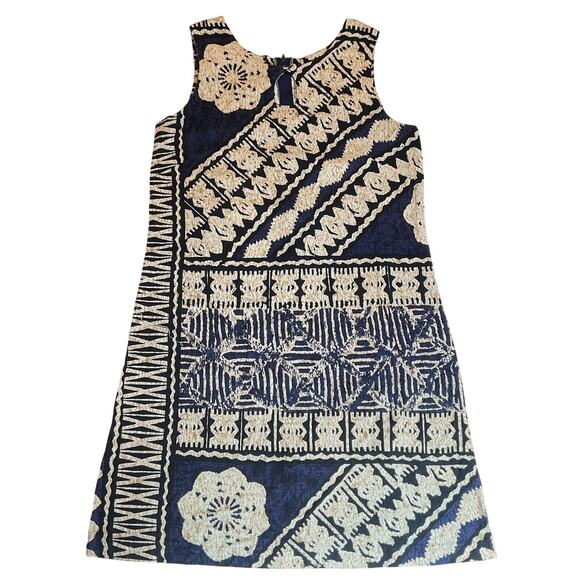 VINTAGE Hilo Hattie Women Dress 10 Navy Geometric Shift Sleeveless Knee Length - Picture 1 of 9